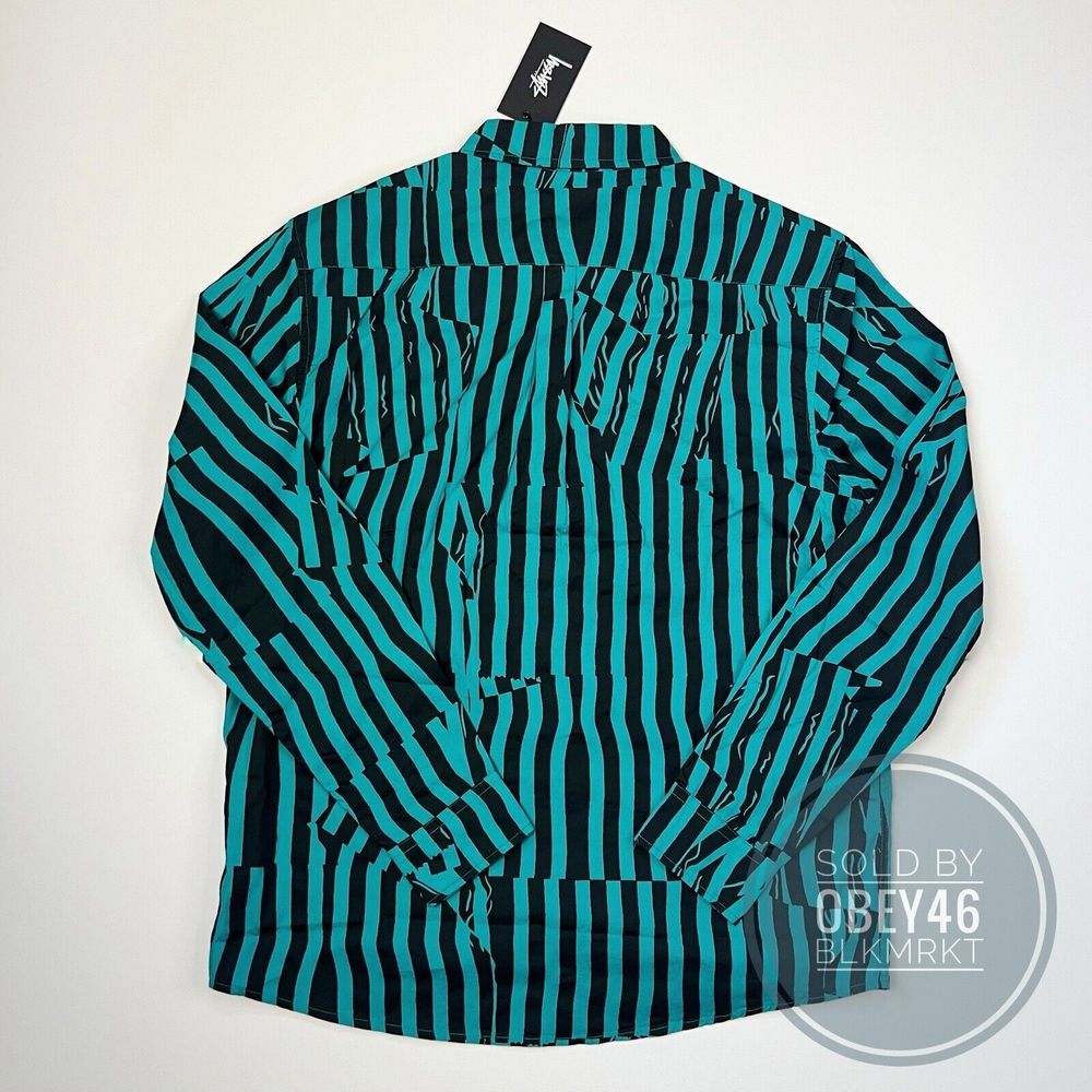 Stussy Off Stripe Button Up Long Sleeve Turquoise Black Shirt Men's Size M - Picture 4 of 4
